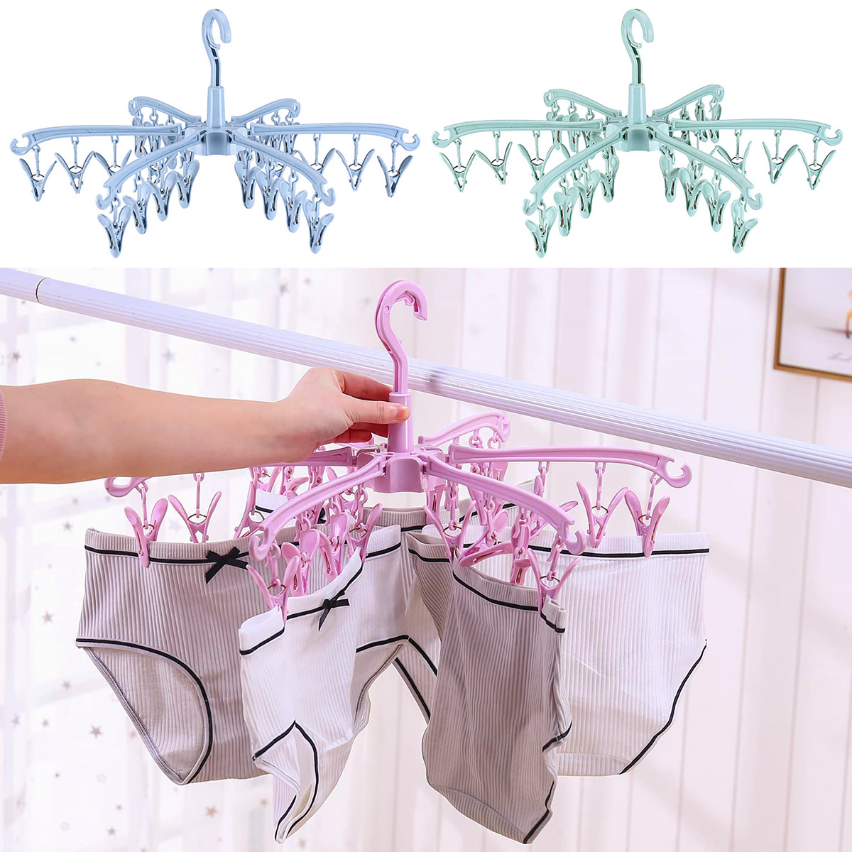 Sock Organizer Tray - 24개 클립 접이식 옷 건조대 회전식