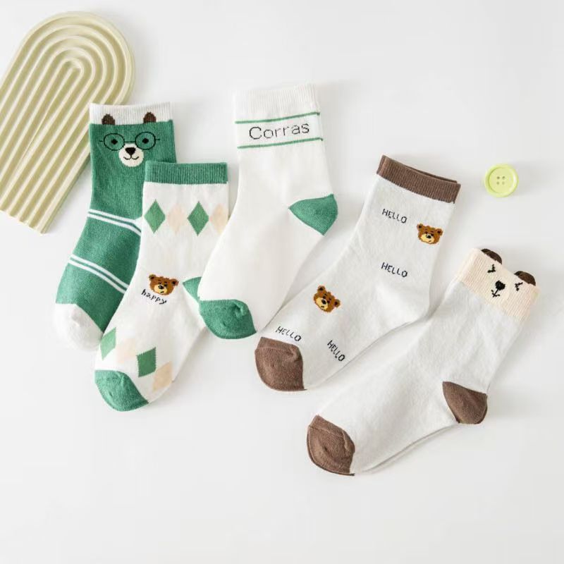Cotton Crew Sock Pack - 5켤레 세트, 아동용 귀여운 곰돌이 무늬